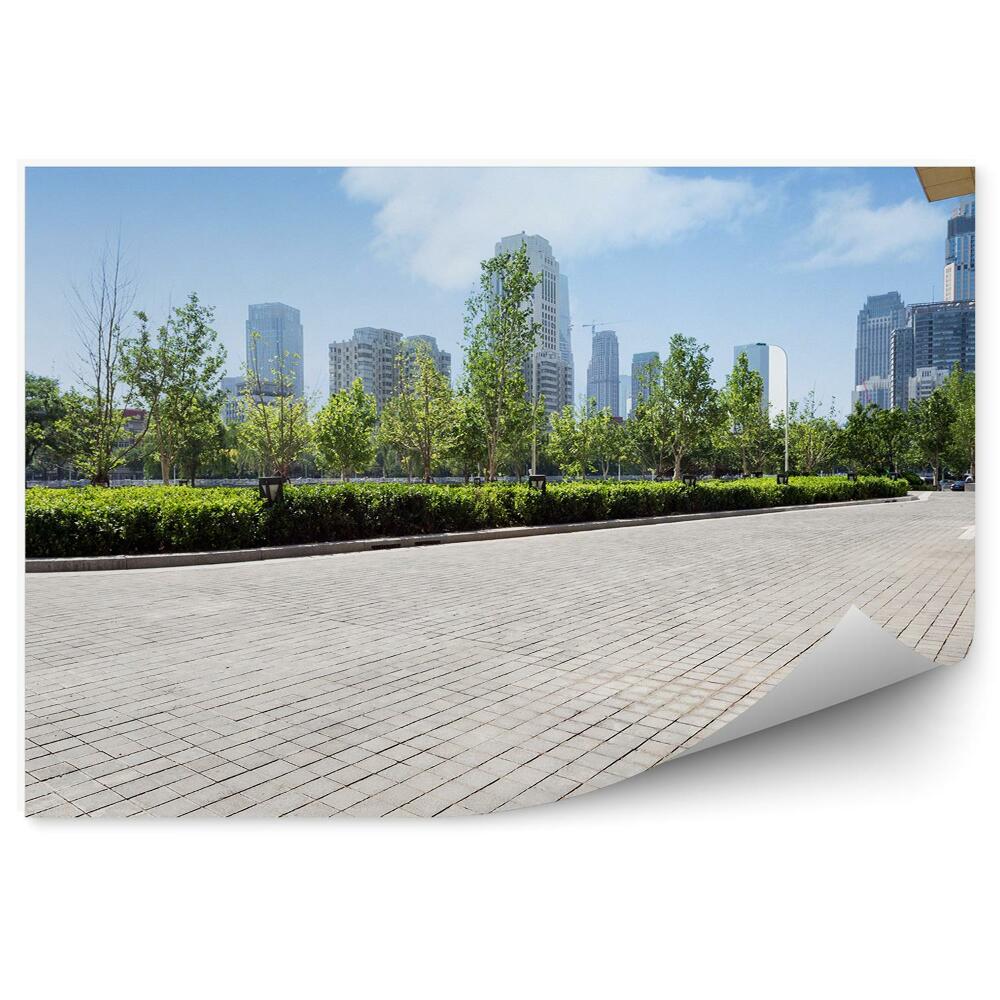 Papier peint Route pavée en briques sur fond de ville