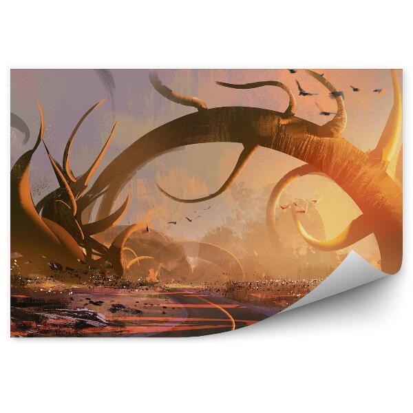 Papier peint Arbres Oiseaux Route Rochers Peinture