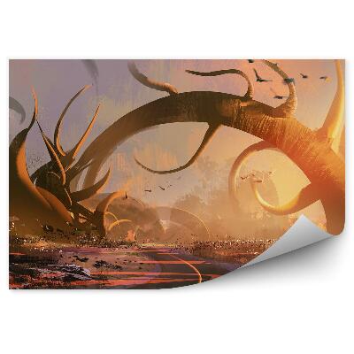 Papier peint Arbres Oiseaux Route Rochers Peinture