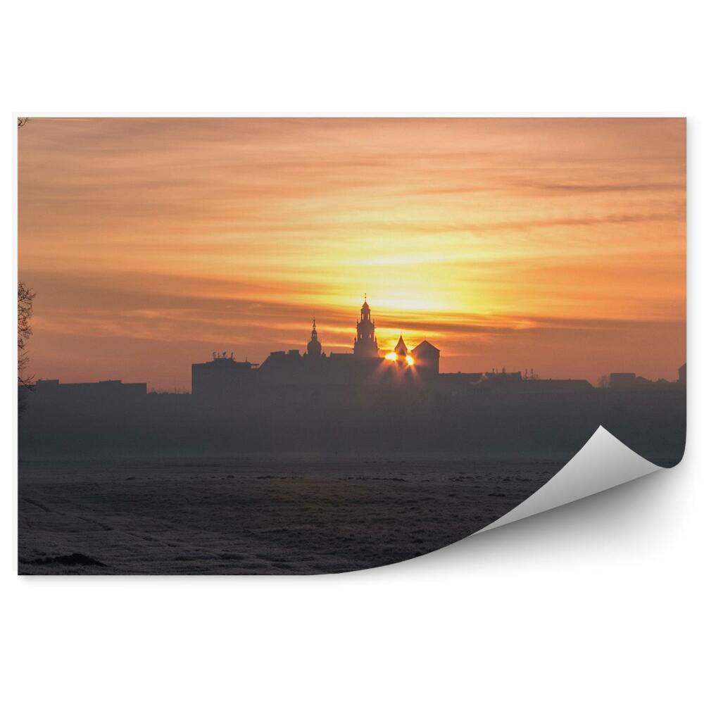 Papier peint Cracovie Château royal Boulevard arbres Prairie Coucher de soleil