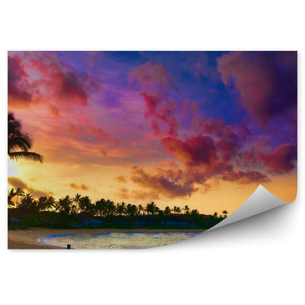 Papier peint Coucher De Soleil Palmiers Maisons Arbres Océan Plage Ciel