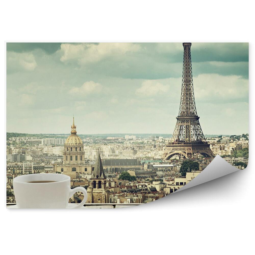 Tapisserie murale Tasse blanche assiette café noir Paris tour eiffel ville