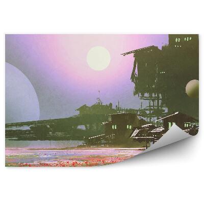 Papier peint Usines Industrie Champs Fleurs Lune Science-Fiction