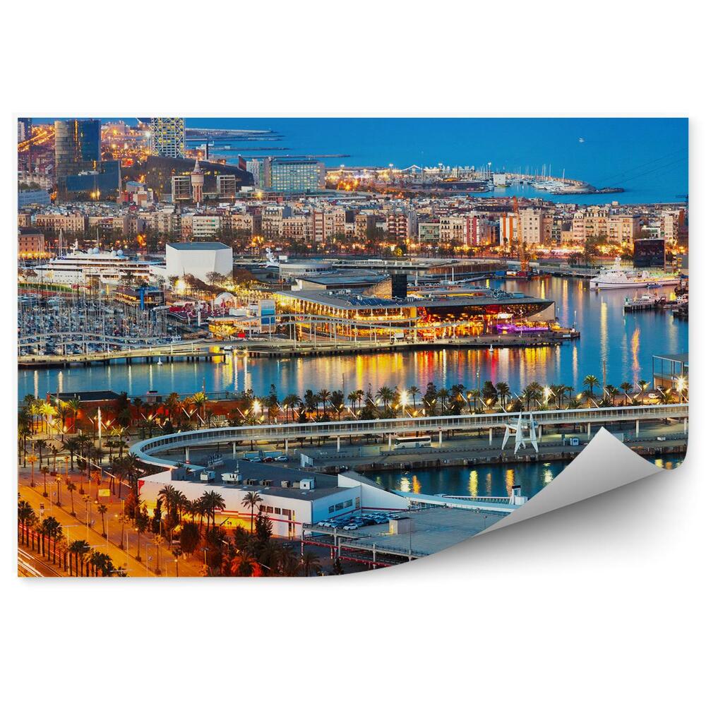 Papier peint Port Vell Barcelone Espagne Bateaux Bâtiments Nuit