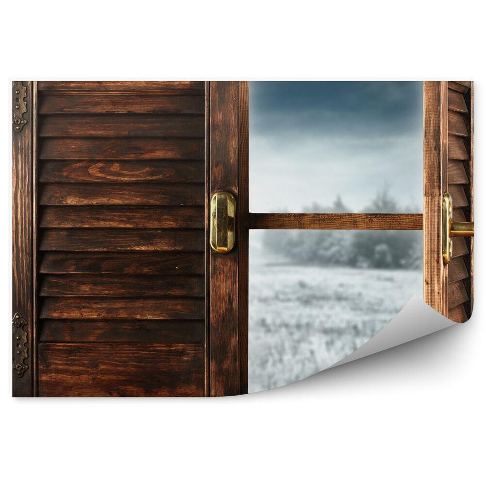 Papier peint Cadre De Fenêtre En Bois Avec Paysage D'hiver