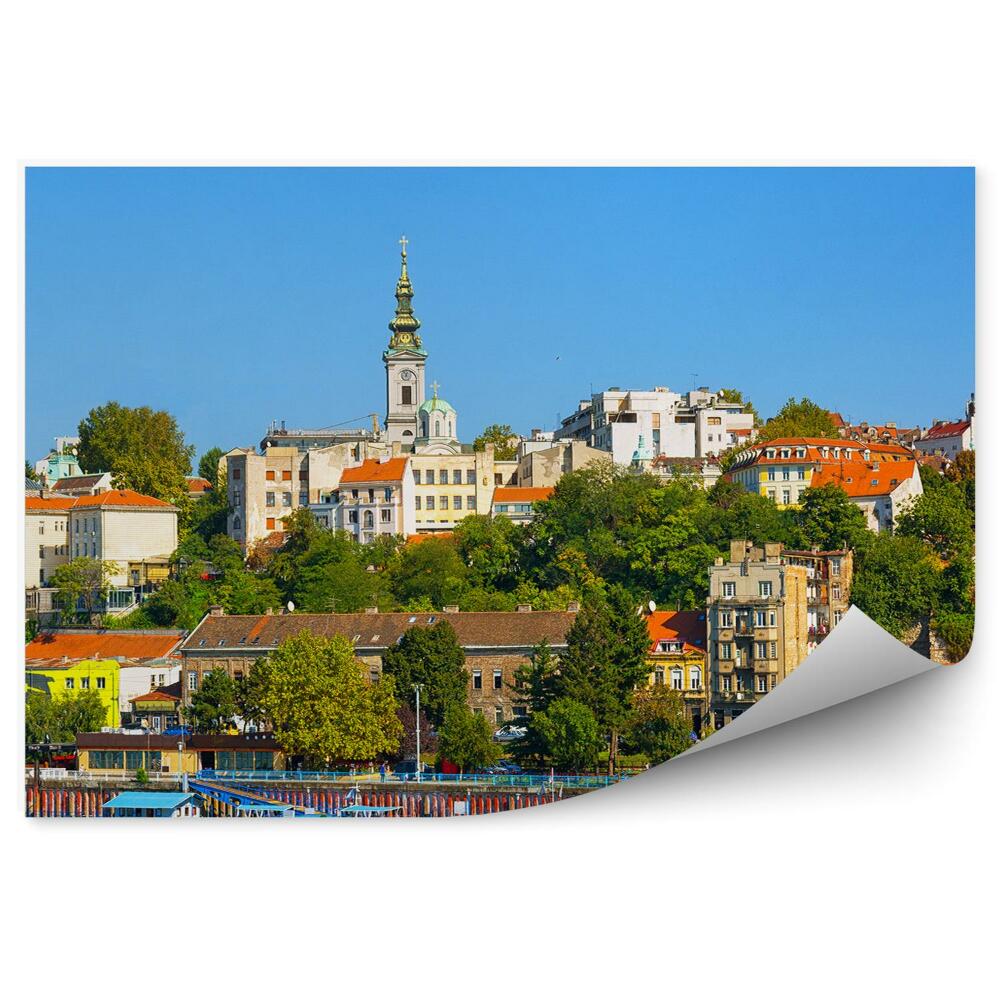 Papier peint Belgrade Rivière Sava Ville Panorama Bâtiments Yachts Rivière Ciel Église