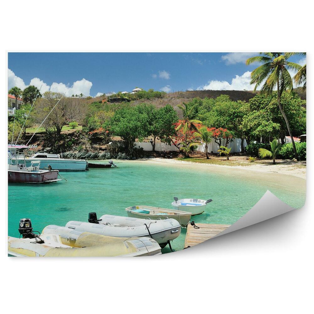 Papier peint Petite jetée île palmiers verts bateaux