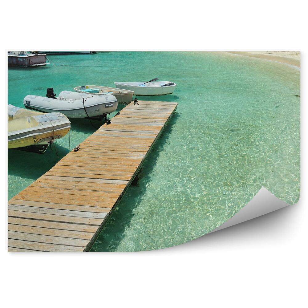 Papier peint Jetée Bateaux Yachts Pontons Arbres Plantes Plage Océan Mer