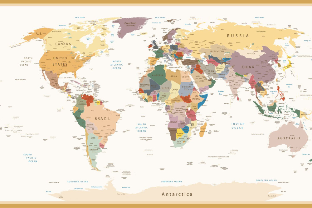 Papier peint Carte du monde politique détaillée en couleurs vintage