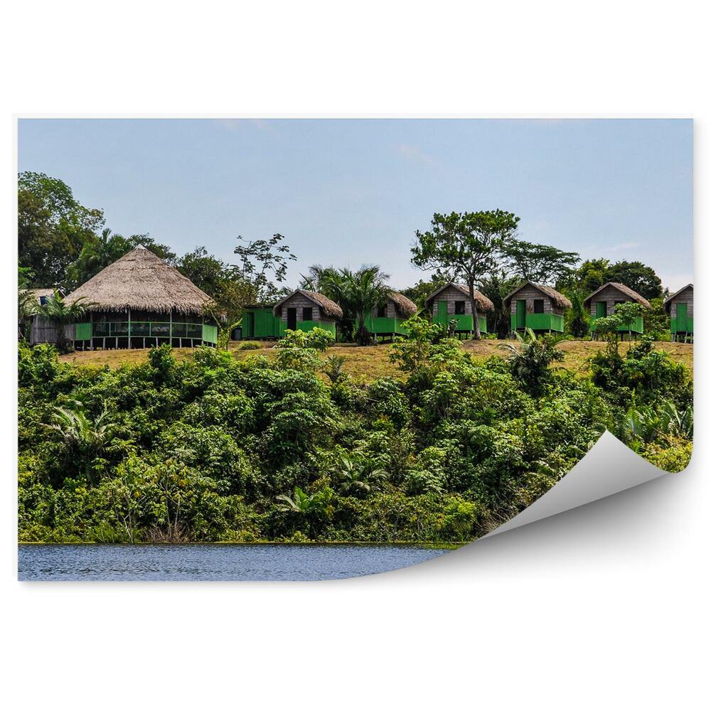 Papier peint Huttes Jungle amazonienne Arbres Eau Ciel Nuages