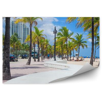 Papier peint Palmiers Gratte-Ciel Voitures Gens Plage Trouble