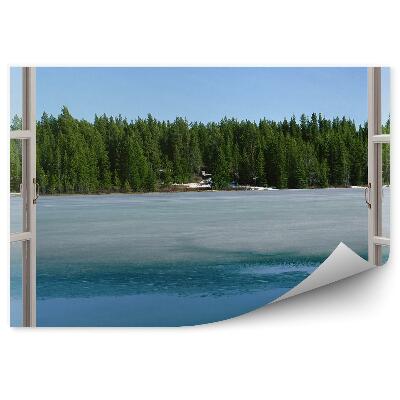 Papier peint Fenêtre ouverte et vue sur un lac gelé et une forêt