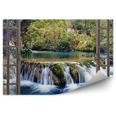 Papier peint Vue d'une fenêtre sur une forêt et un ruisseau
