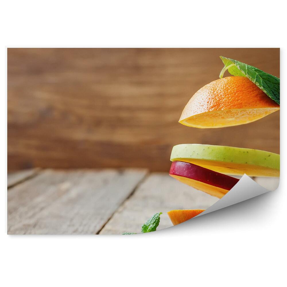 Papier peint panoramique Tranches de fruits volants pomme poire orange
