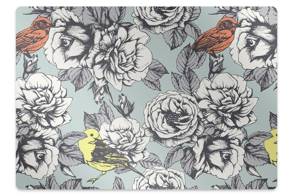 Tapis de protection de sol Fleurs de roses et oiseaux