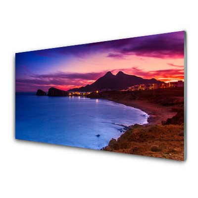 Tableau sur verre Rivage de la mer Montagnes Nuit