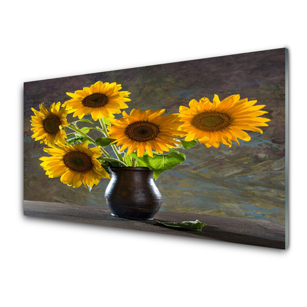 Tableau verre imprimé Tournesols vase noir