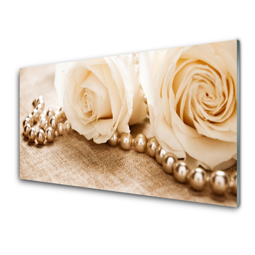 Tableau imprimé sur verre Beige Roses et perles