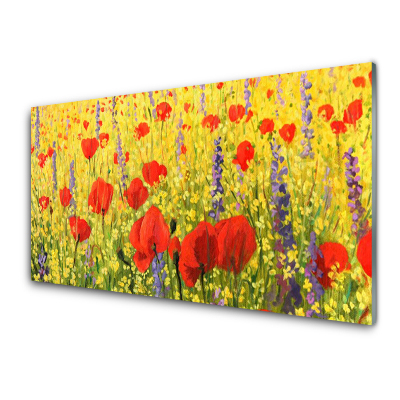 Tableau en verre Pré Fleurs jaunes et coquelicots