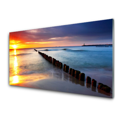 Tableau photo sur verre Brise-lames au coucher du soleil