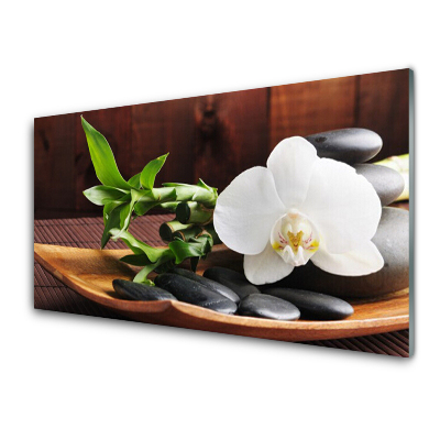 Tableau photo sur verre Orchidée bambou sur un plateau en bois