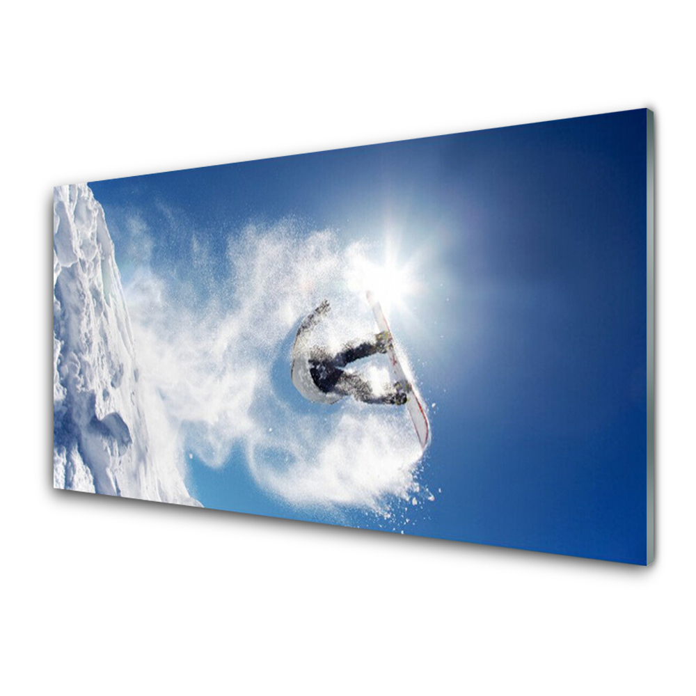 Tableau imprimé sur verre Snowboard ciel de neige blanche