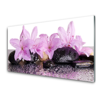 Tableau sur verre Fleurs Lys Rose Eau Pierres