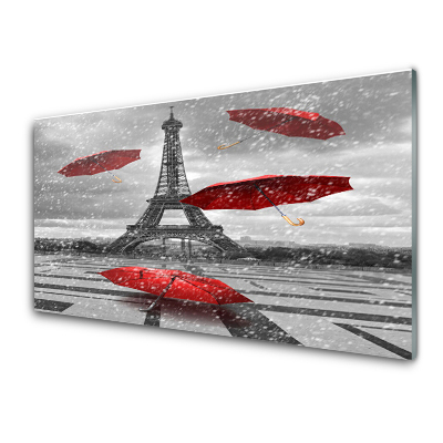 Tableau sur verre Parapluies rouges Tour Eiffel