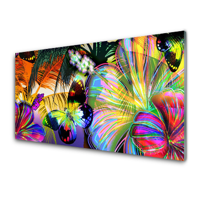 Tableau sur verre Papillons et fleurs arc-en-ciel
