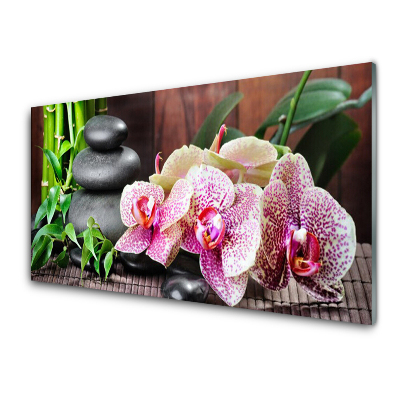 Tableau sur verre Orchidée et pierres sur tapis