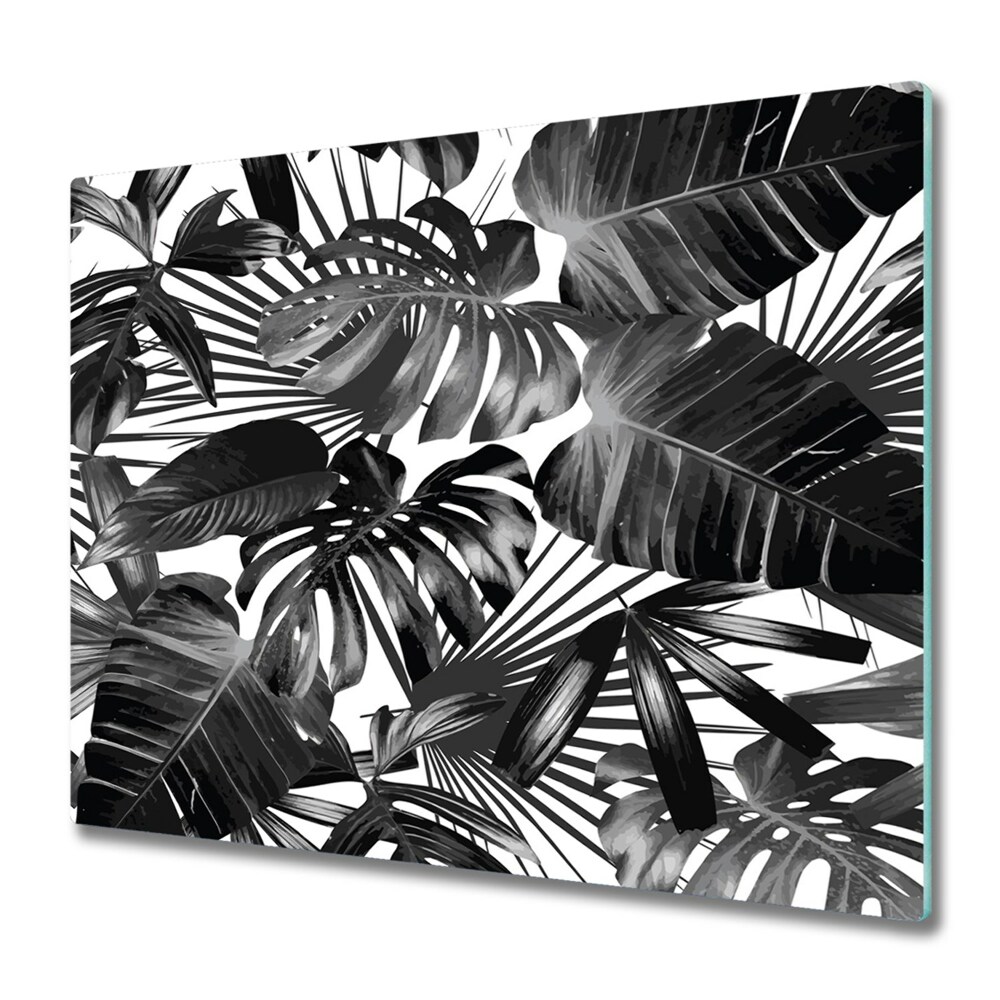 Planche à découper en verre Feuilles tropicales en noir et blanc