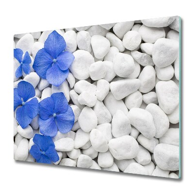 Planche à découper en verre Hortensia sur pierres blanches