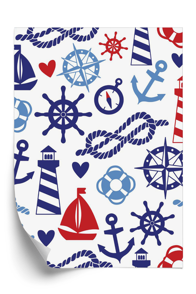 Papier peint Motif avec des éléments de la mer, des phares, des navires et des ancres