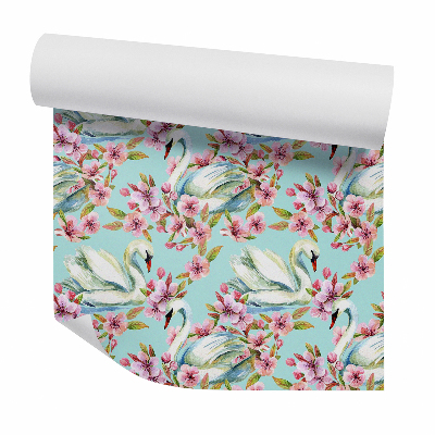 Papier peint Cygnes dans des fleurs roses