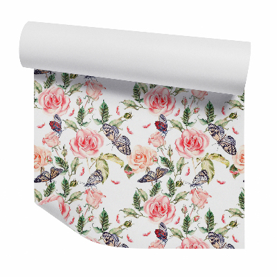 Papier peint Papillons réalistes sur des fleurs de rose