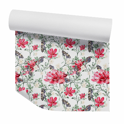 Papier peint Fleurs rouges et beaux papillons