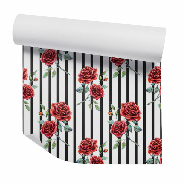 Papier peint Roses sur bandes noires verticales