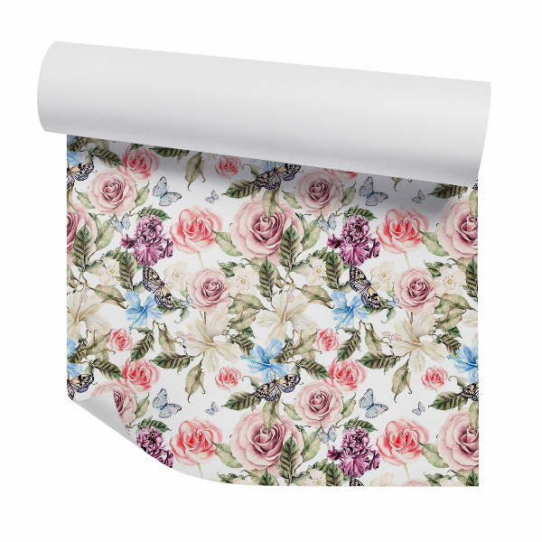 Papier peint Fleurs décoratives de jardin parmi les papillons