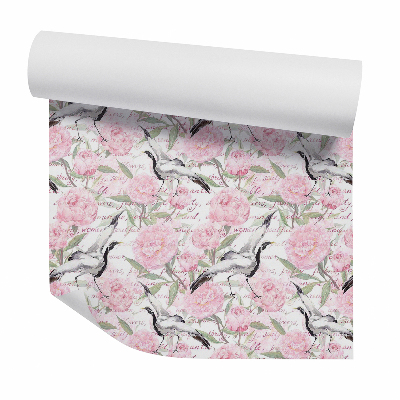 Papier peint Oiseaux parmi des fleurs roses