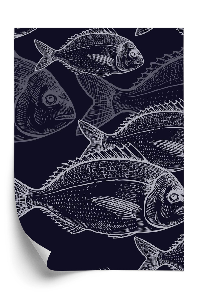 Papier peint Poisson vintage sur fond noir