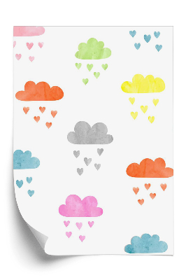 Papier peint Aquarelle colorée, nuages et pluie de cœurs