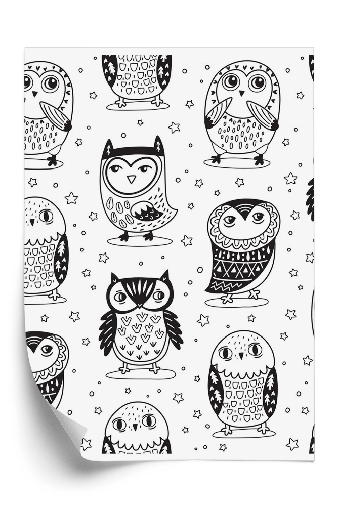 Papier peint Hiboux dessinés en noir