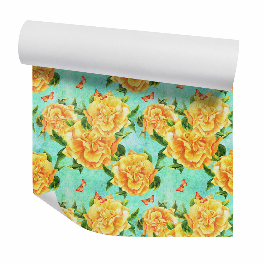 Papier peint Fleurs décoratives jaunes et papillons