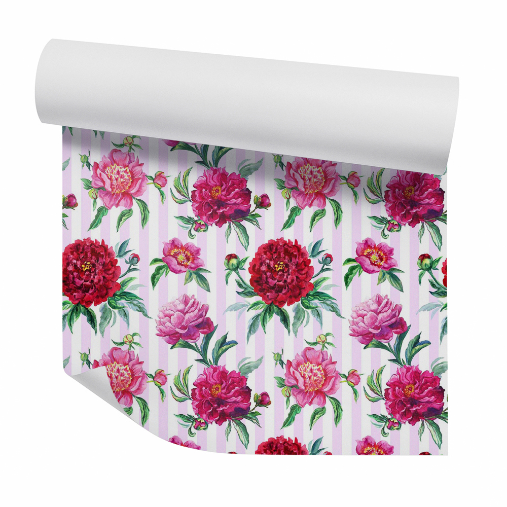 Papier peint Fond de fleurs rayé rose et rouge