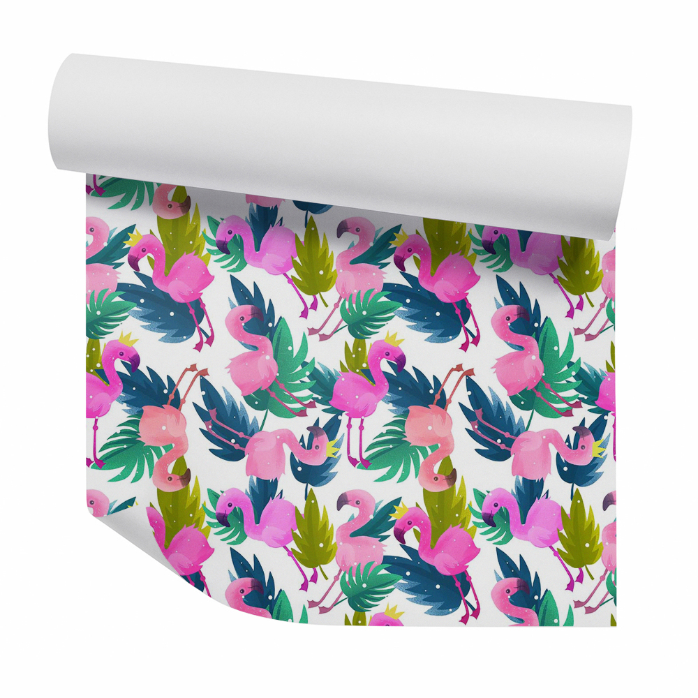 Papier peint Flamants roses sur feuilles colorées