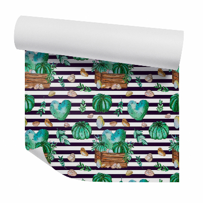 Papier peint Cactus et galets sur fond rayé