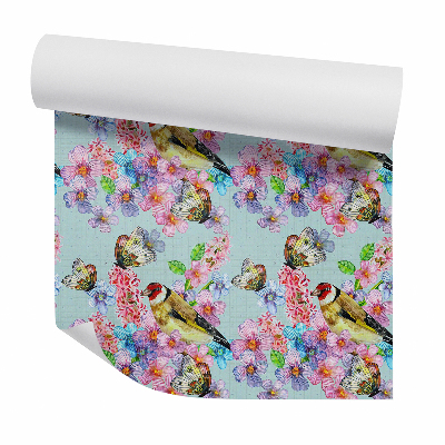Papier peint Oiseaux sur fleurs parmi les papillons