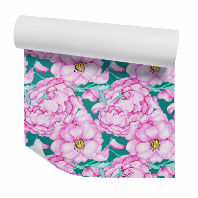 Papier peint Fleurs roses pastel sur fond turquoise