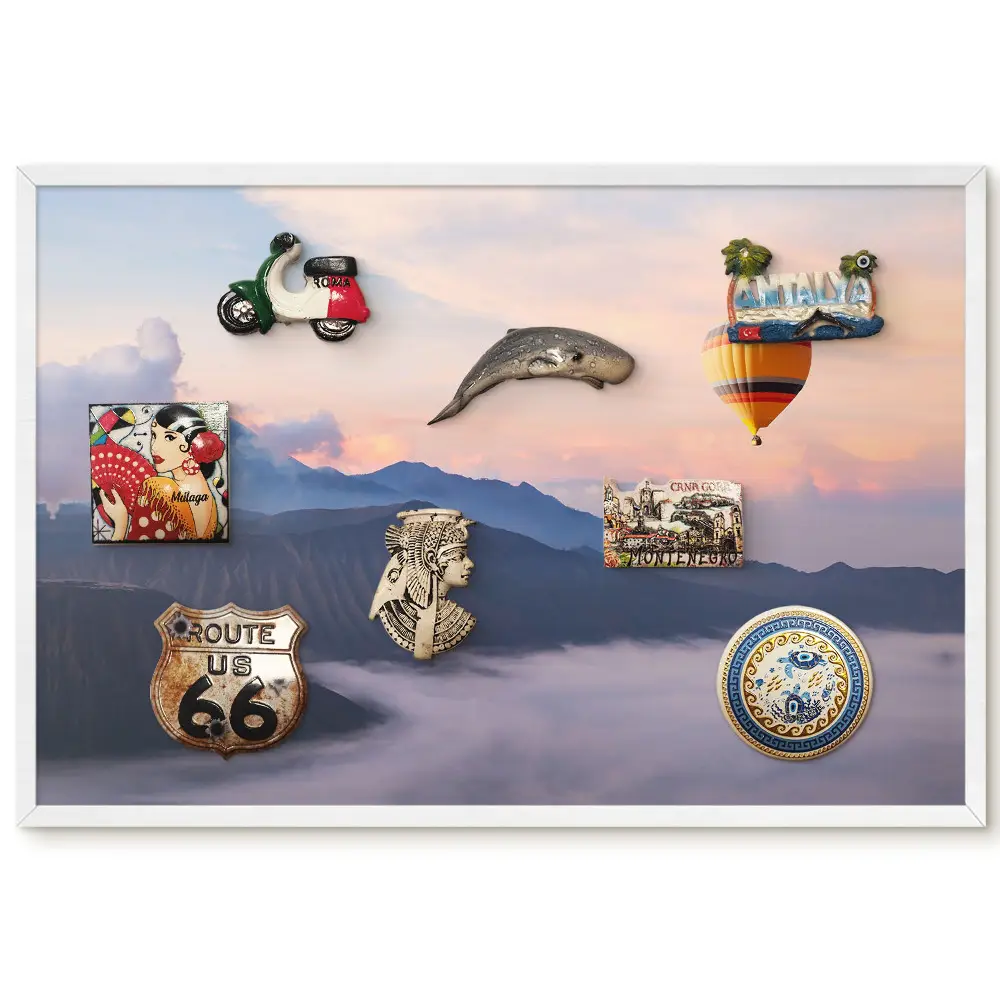 Tableau porte-aimants avec motif de montagnes et ballon dans le ciel bleu