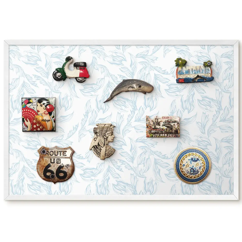 Tableau magnétique décoratif avec cadre au motif végétal discret sur fond bleu